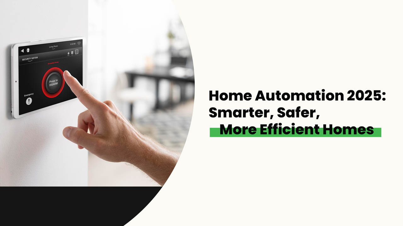 A futuristic smart home with integrated automation technology, showcasing smart security, lighting, and energy-saving devices.