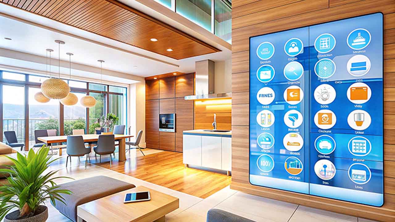 A modern home with a smart thermostat, security camera, and smart lighting, illustrating the steps to plan a home automation upgrade.