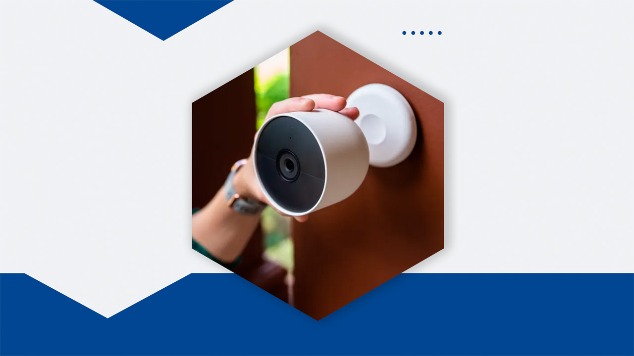 Google Nest Cam mounted on a wall.
