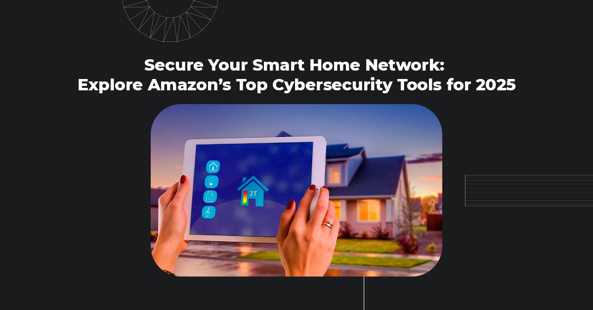 Illustration of a smart home with connected devices secured by Amazon cybersecurity tools like eero, Ring Alarm, Alexa Guard, and Cloud Cam