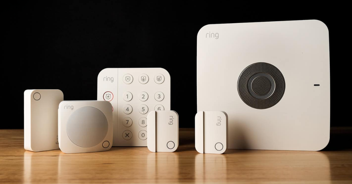 Modern home with Ring Alarm sensors and keypad installed on doors and windows