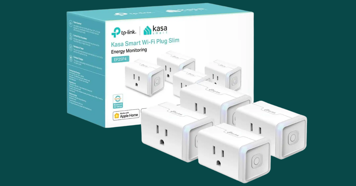 Kasa smart plug setup in a modern home office with ambient lighting. Kasa Smart Device Plugs