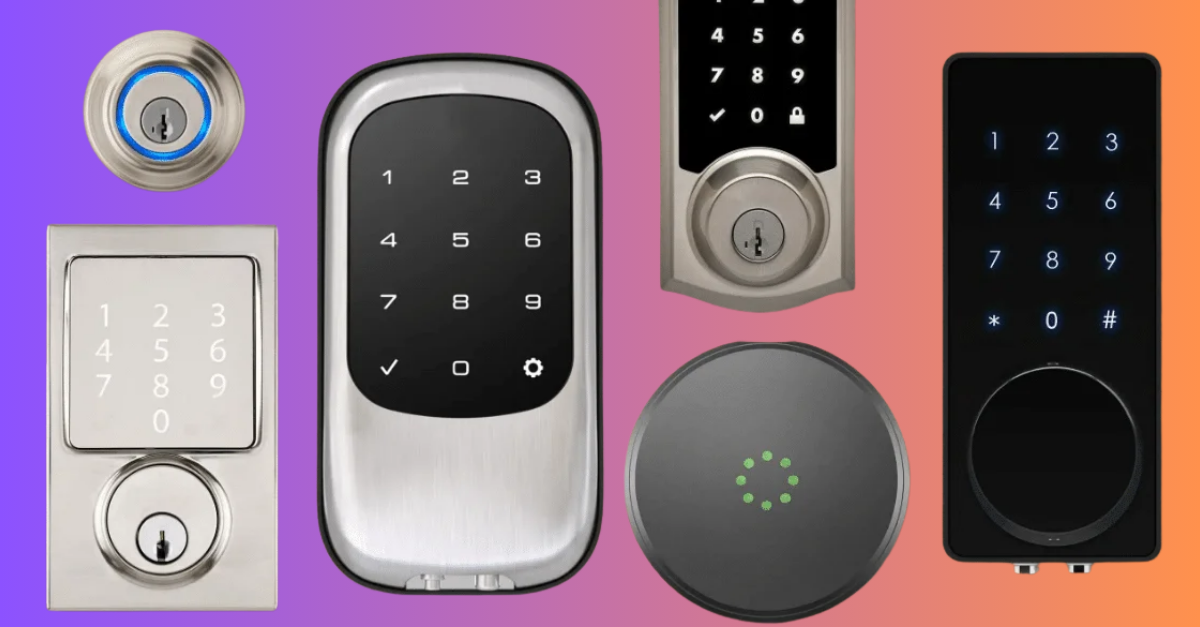 Modern smart security locks on a stylish front door