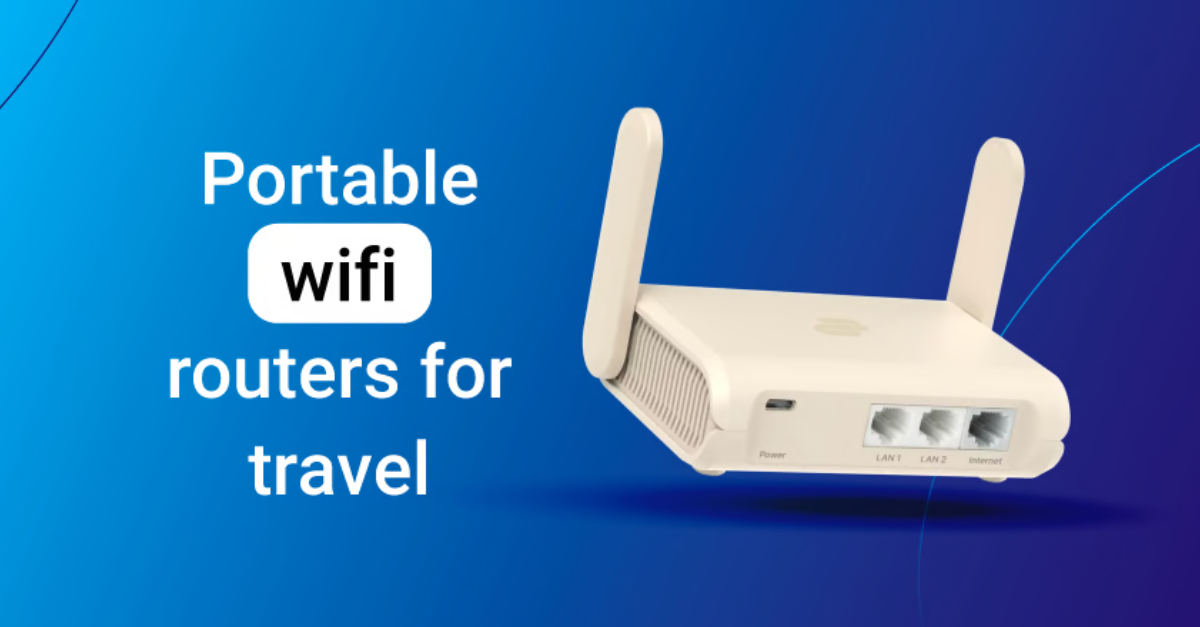 Traveler using portable Wi-Fi router in a coffee shop Travel WiFi Routers
