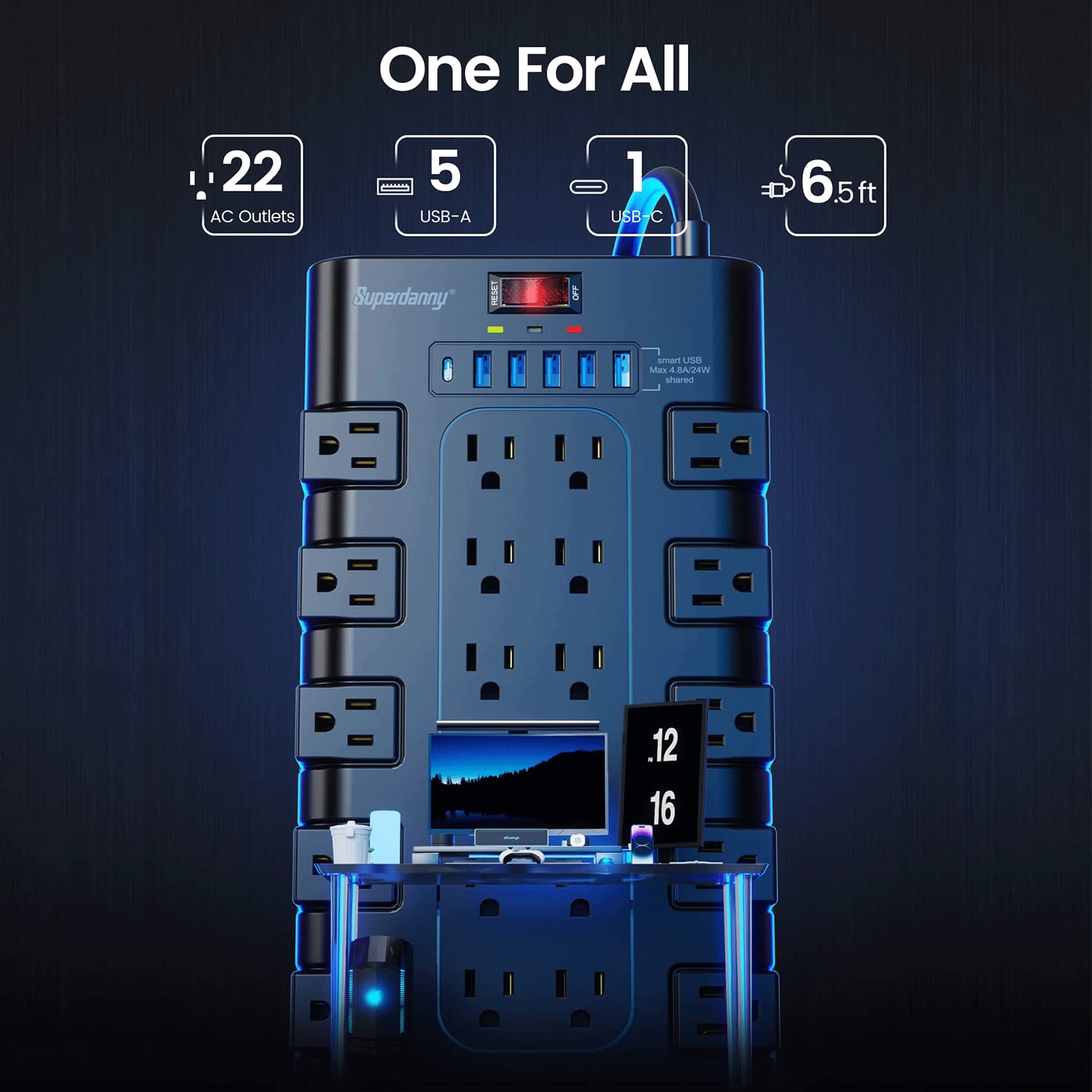 Superdanny Surge Protector with multiple AC outlets and USB ports for home and office use.