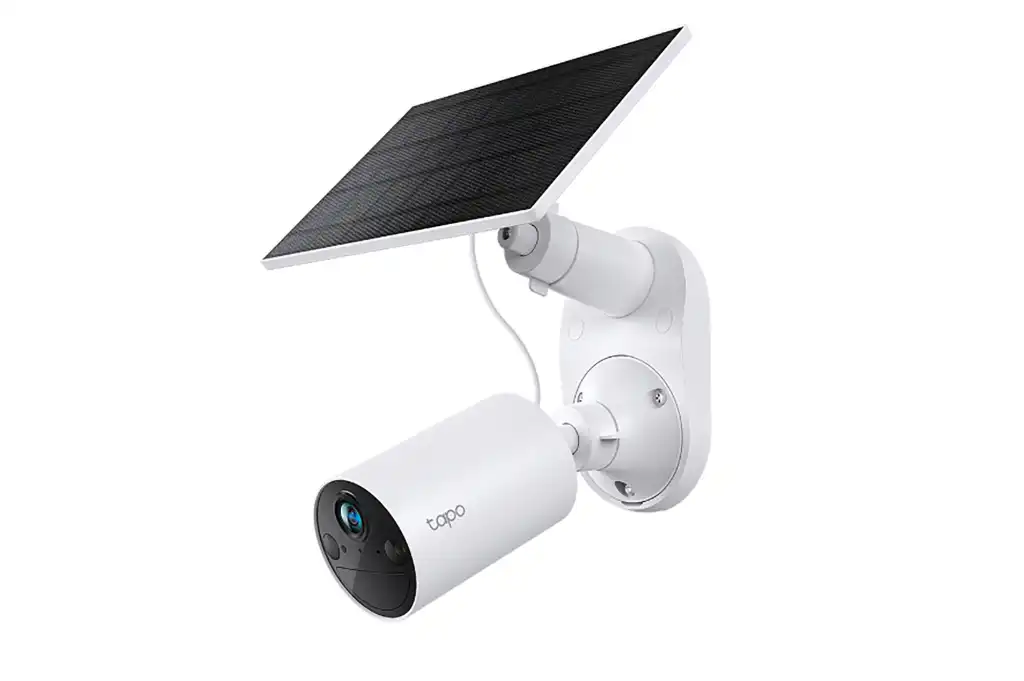 TP-Link Tapo SolarCam C402 Kit mounted on a wall with solar panel
