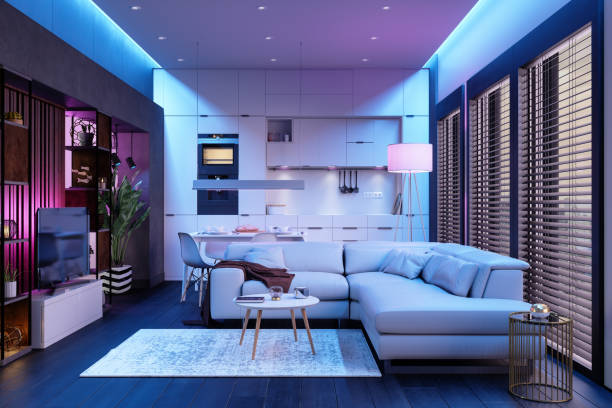 Modern home living room with Philips Hue smart bulbs, Nanoleaf wall panels, and Govee LED strips. Best Lighting System for Home.