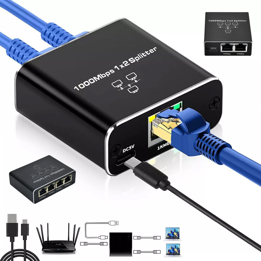 Gigabit Ethernet Splitter 1 to 2 with USB Power Cable, 1000Mbps LAN