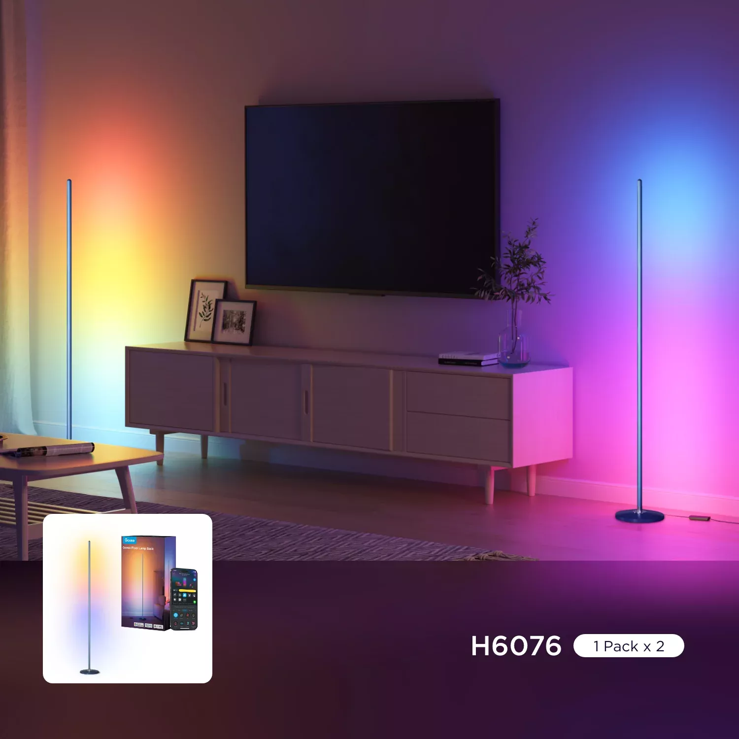 The Govee RGBIC Floor Lamp illuminating a modern living room with dynamic, multi-colored lighting.