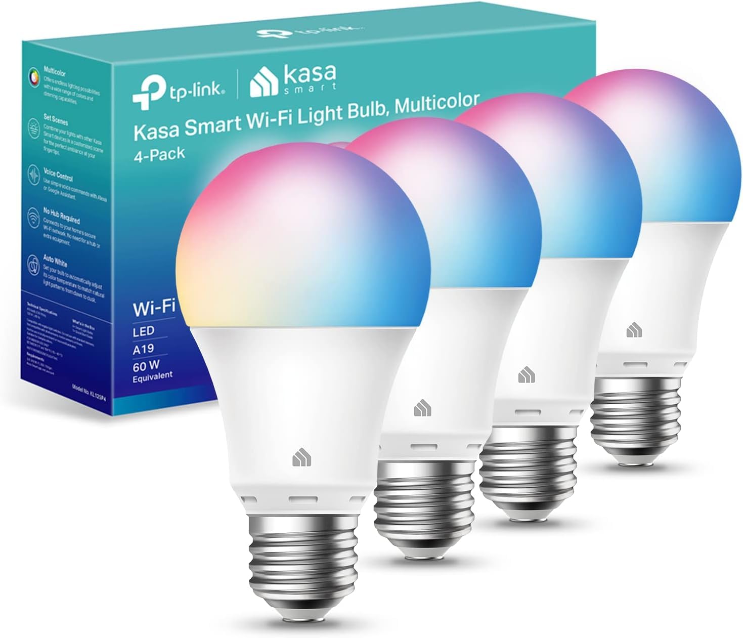 The Kasa Smart Light Bulbs, full color changing, illuminating a room in both white and vibrant colors.