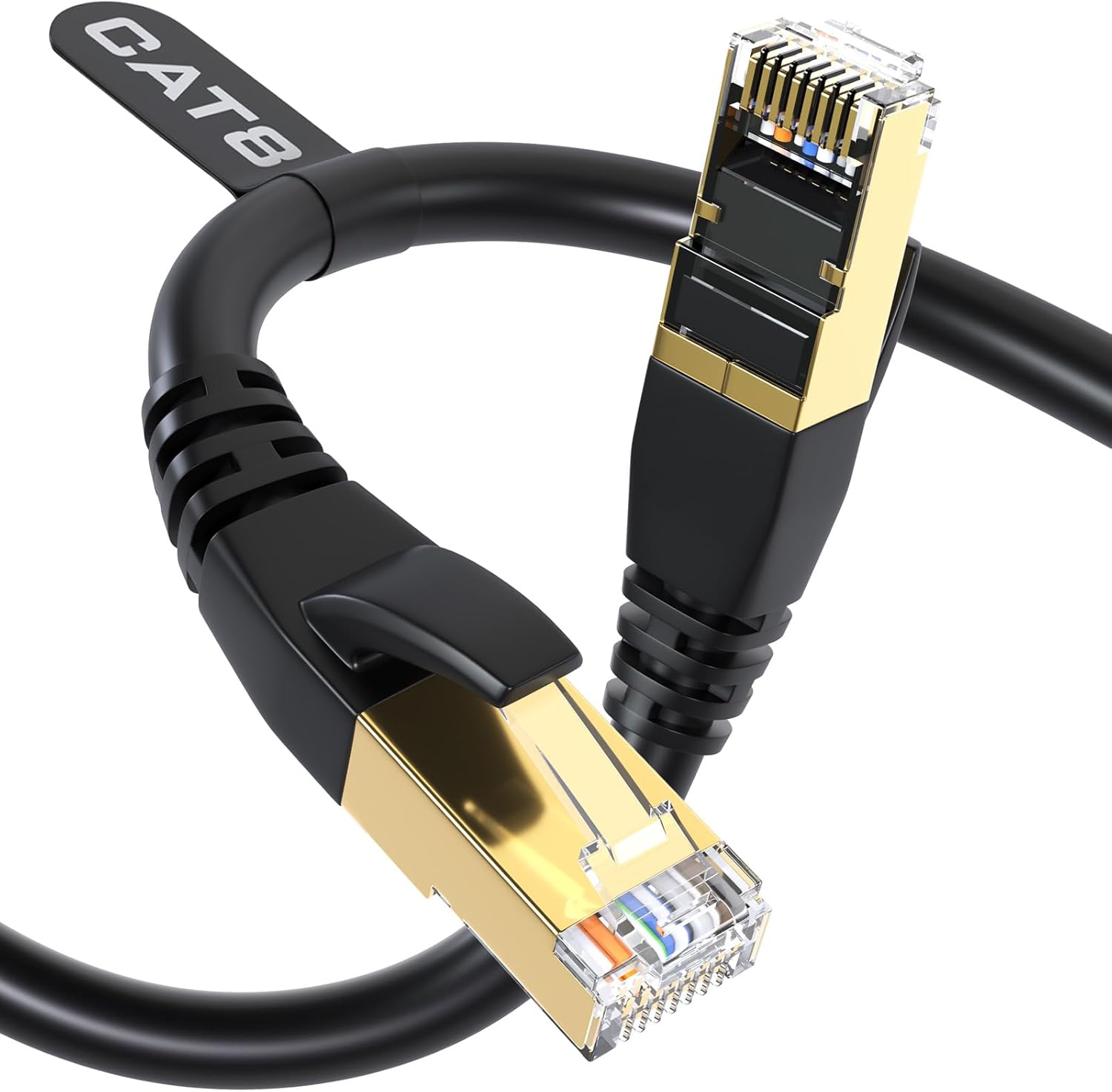 DbillionDa Cat8 Ethernet cable plugged into a gaming router and a high-performance gaming PC.