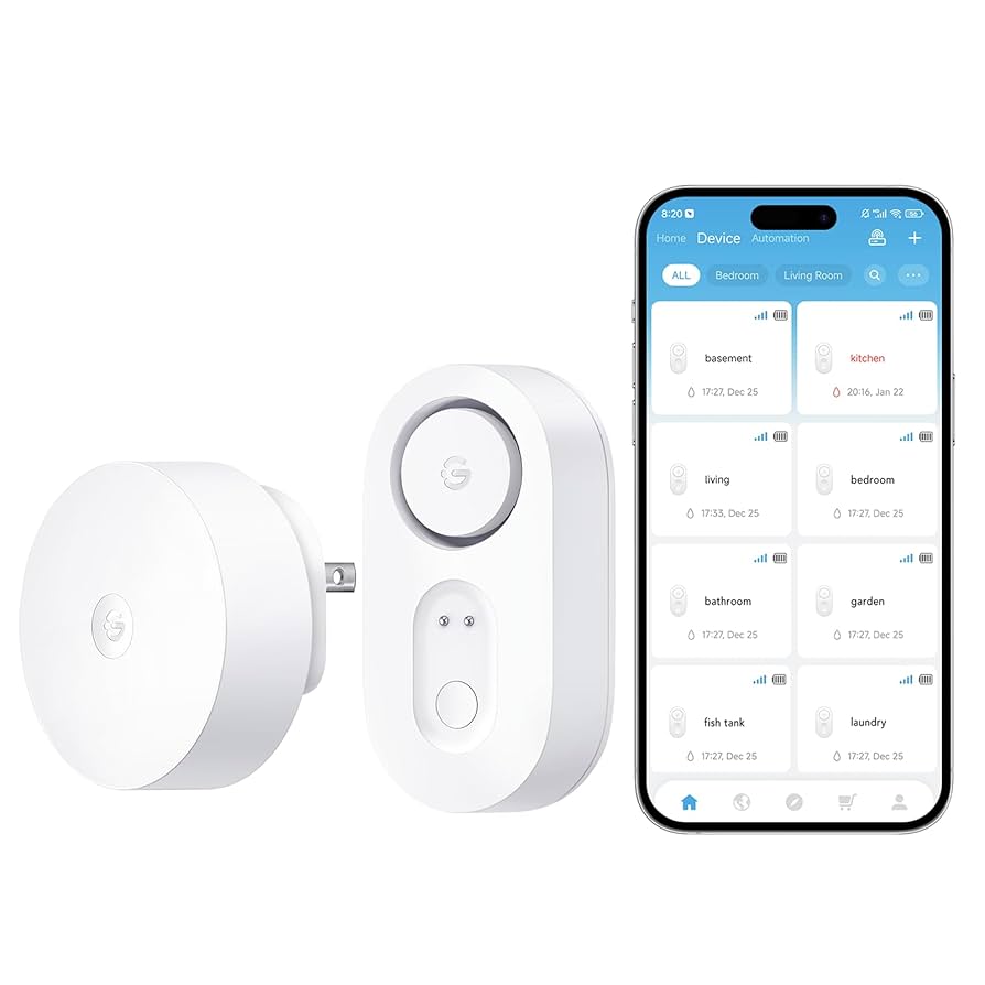 GoveeLife Smart Water Leak Detector 1s actively detecting a leak near a water heater.