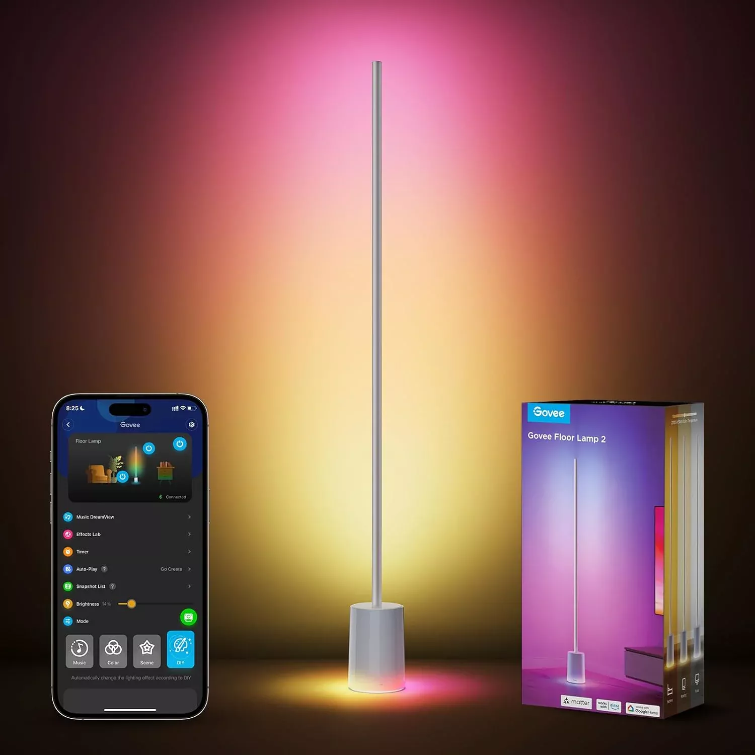 The Govee Floor Lamp 2 with Matter support creating an immersive RGBIC lighting scene in a modern living room.