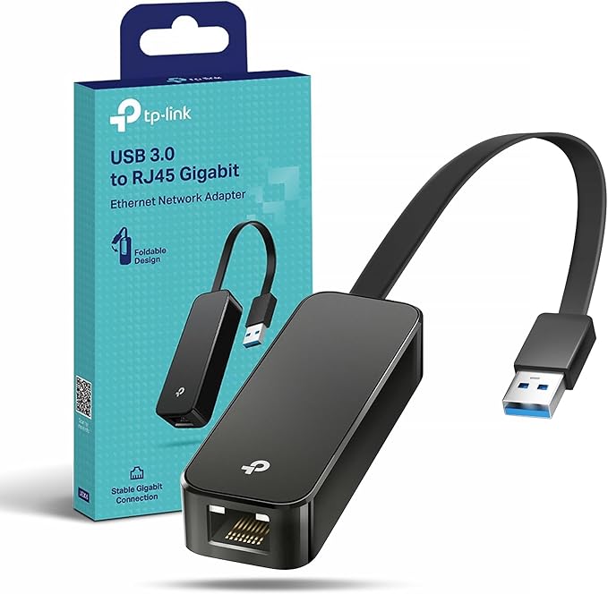 The compact, foldable TP-Link UE306 USB to Ethernet adapter plugged into a laptop.