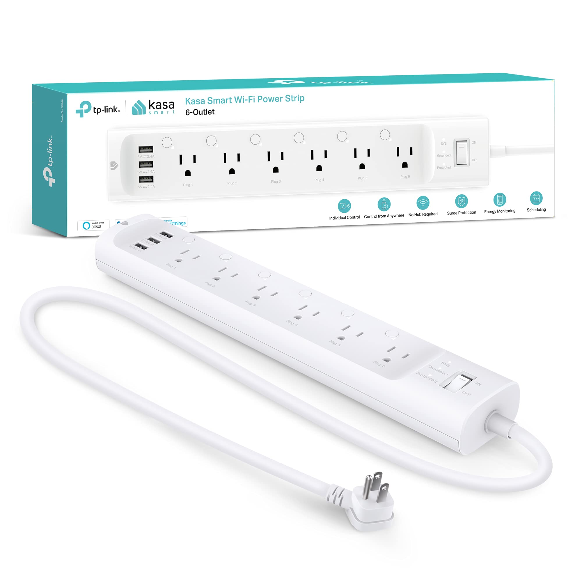 Kasa Smart Power Strip HS300 with 6 individually controlled outlets and 3 USB ports on a desk.