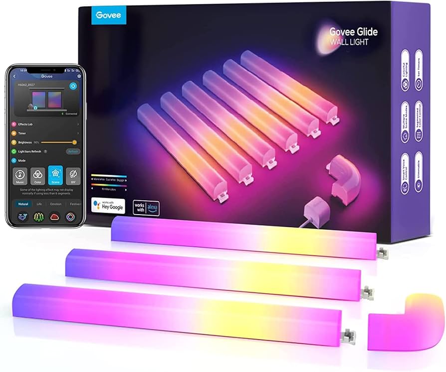 Govee Glide RGBIC Smart Wall Lights arranged in a geometric pattern on a bedroom wall.