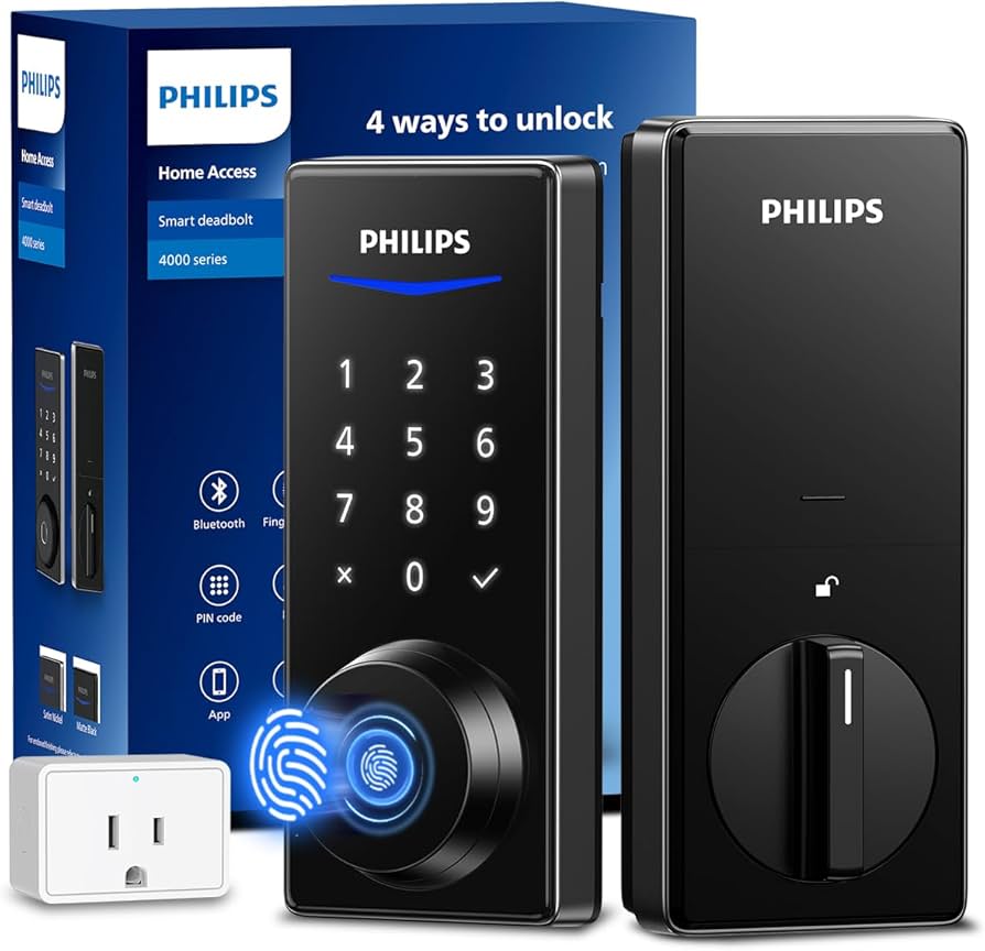 Philips Wi-Fi Smart Lock installed on a contemporary front door, showcasing its sleek design.