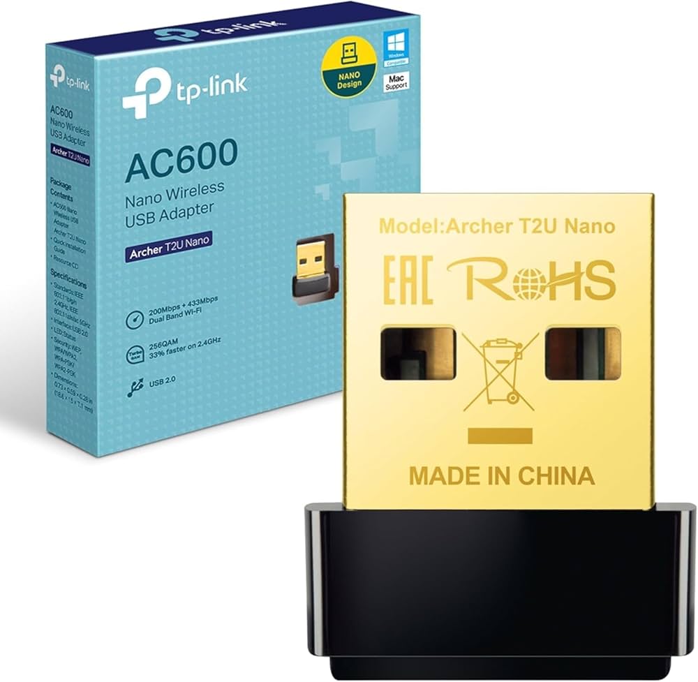 The ultra-compact TP-Link Archer T2U Nano USB WiFi adapter plugged into a laptop
