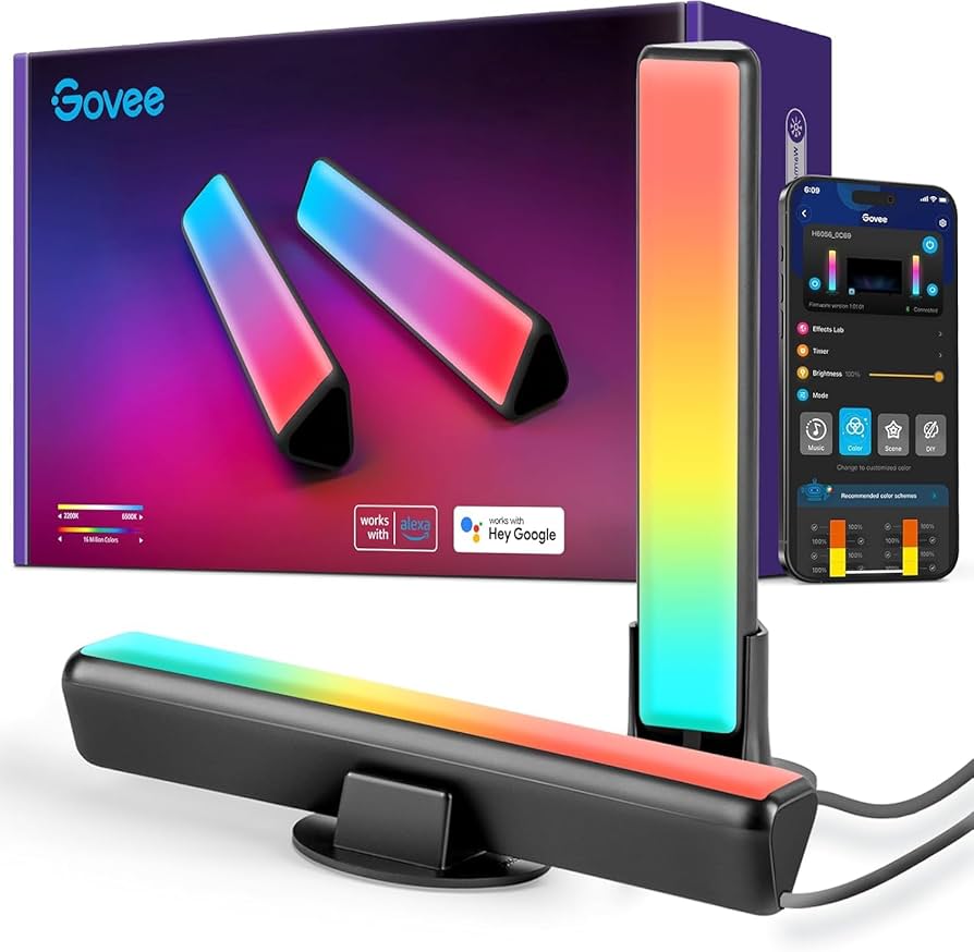 Govee Smart LED Light Bars providing vibrant RGBIC backlighting for a computer monitor setup.