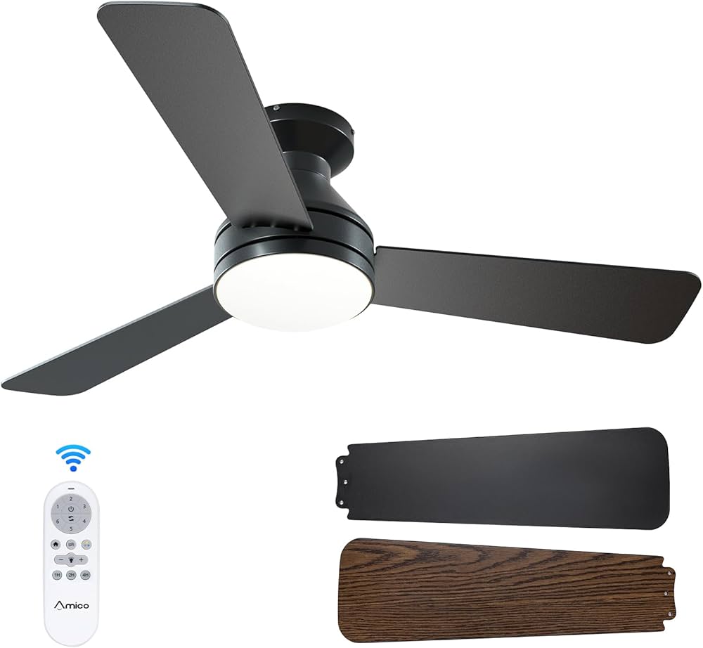 Amico 42-inch ceiling fan with light installed in a modern bedroom.