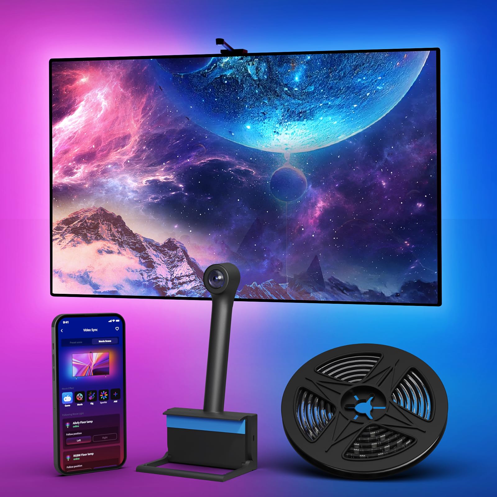 The FFJ TV LED Backlight creating a vibrant bias lighting effect behind a television.