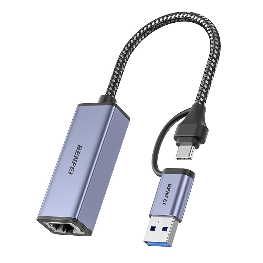 The sleek BENFEI USB-C to Ethernet adapter plugged into a modern MacBook Pro.
