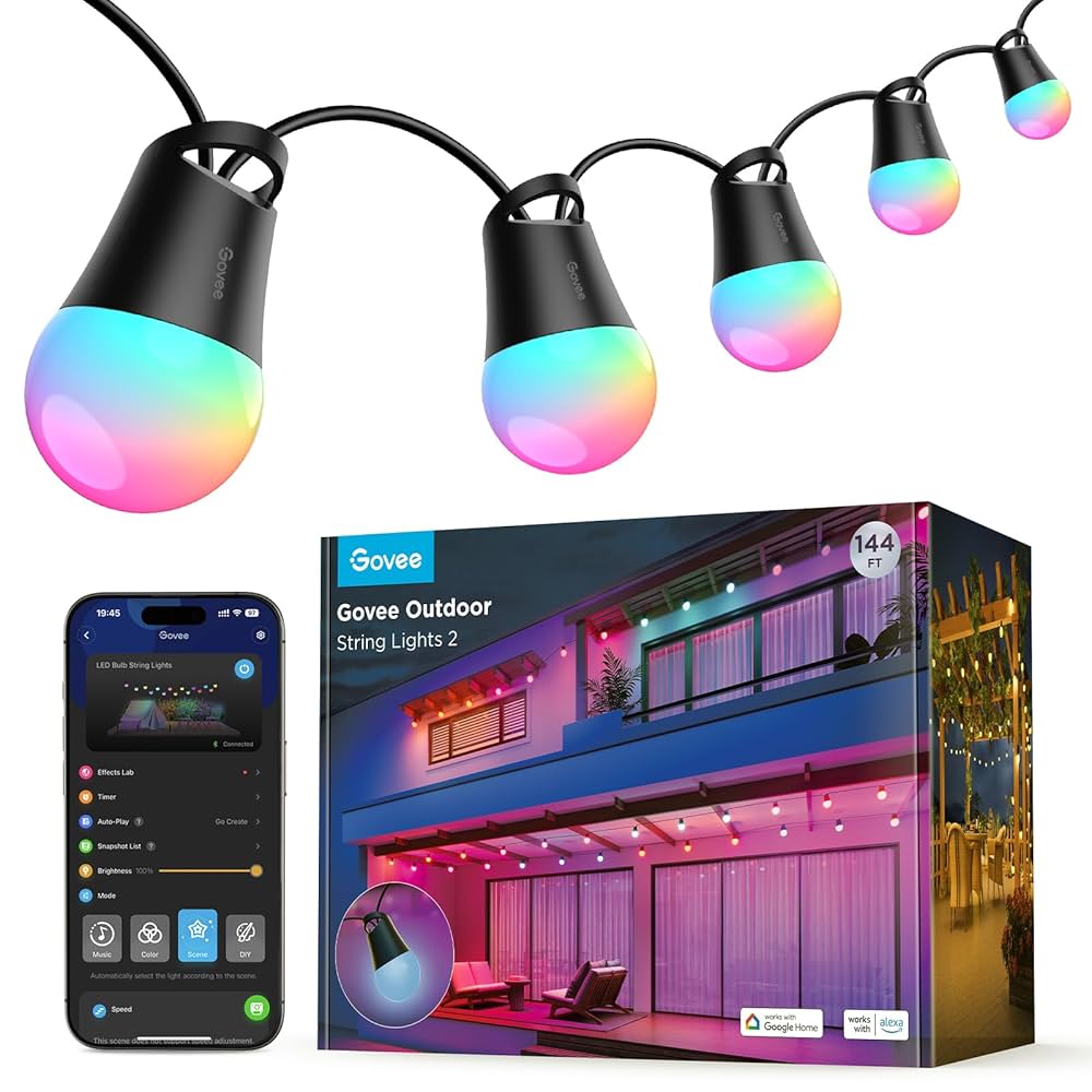 Govee Smart Outdoor String Lights 2 144ft creating a magical ambiance on a modern patio.