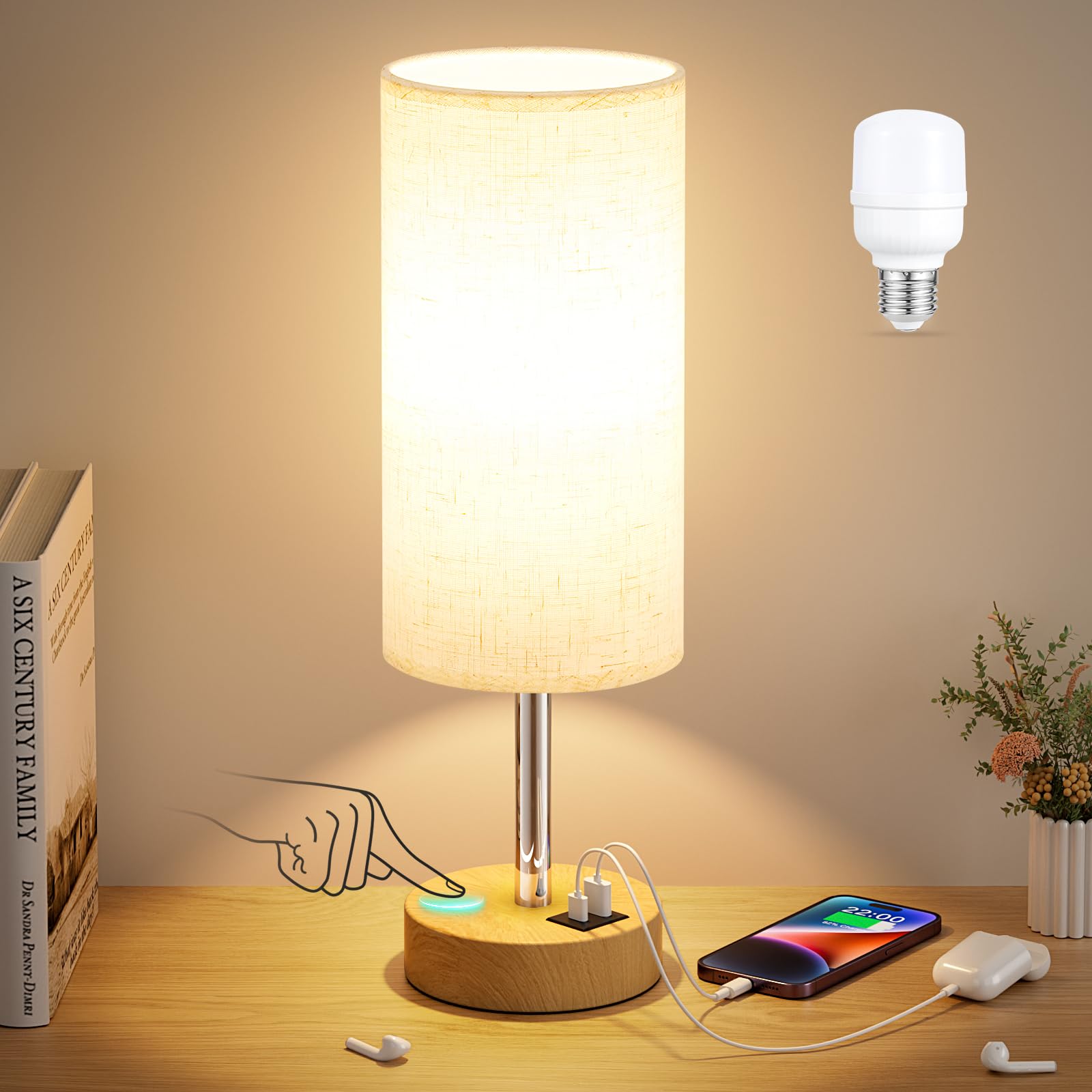 A modern Touch Bedside Table LED Lamp with 3-way dimming and multi-color options on a nightstand.