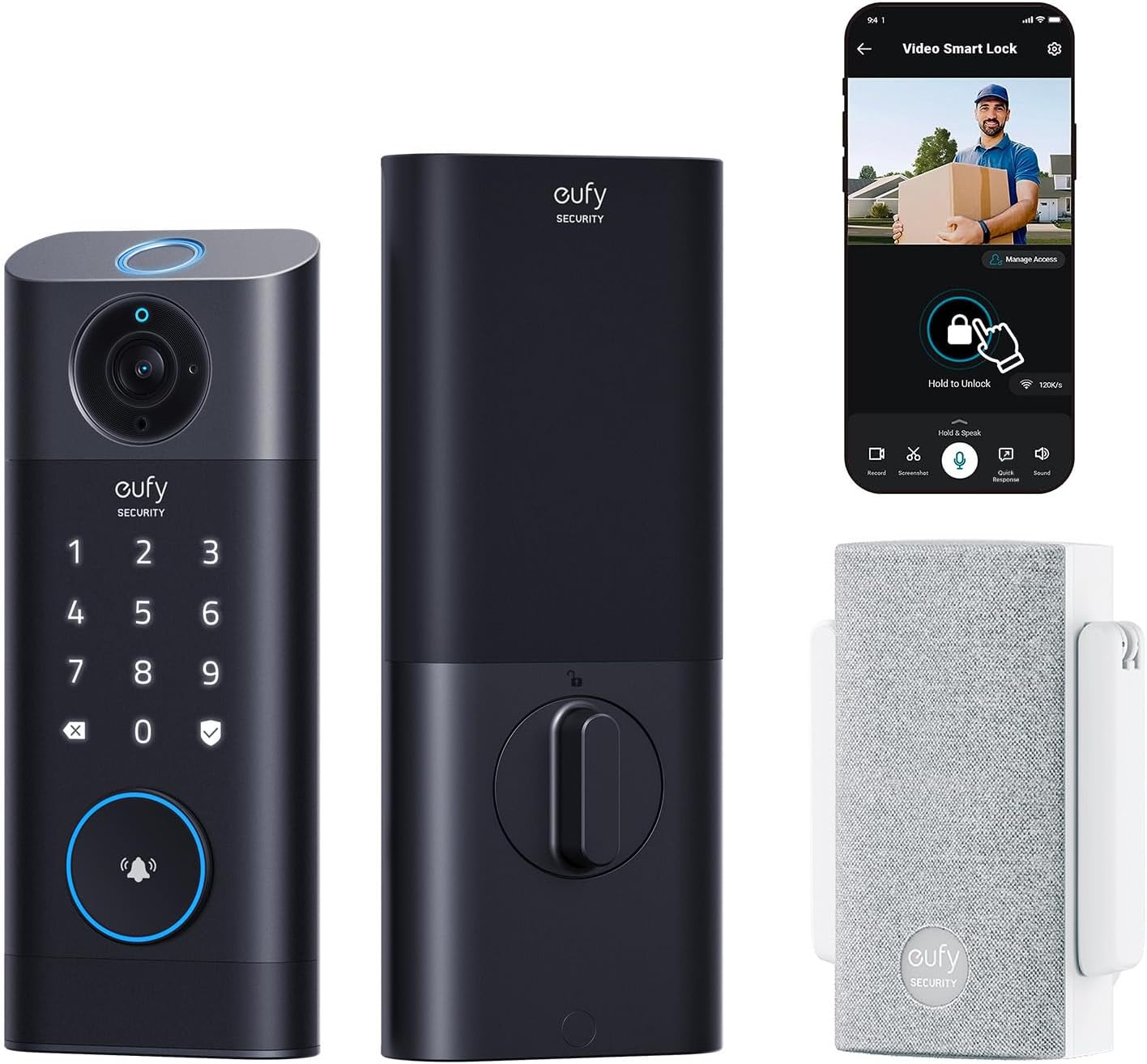 eufy Security Video Smart Lock S330 installed on a modern front door, showing the fingerprint scanner and camera.