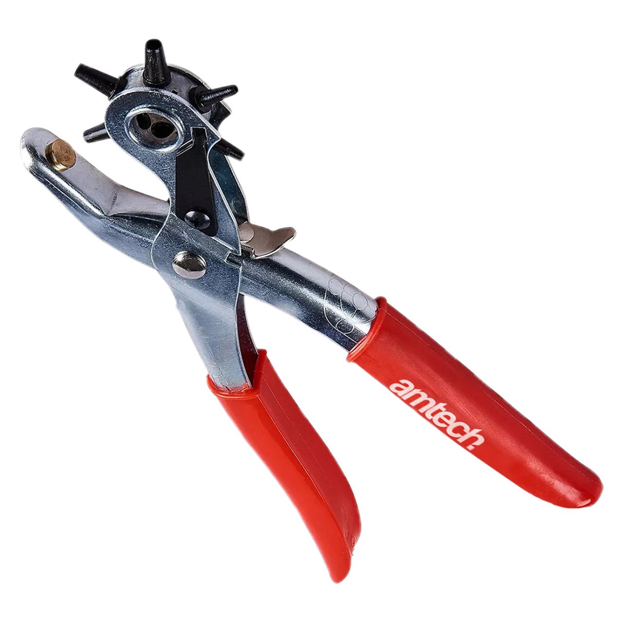 XOOL Revolving Punch Plier Kit on a workbench, used to punch clean holes in a leather strap.
