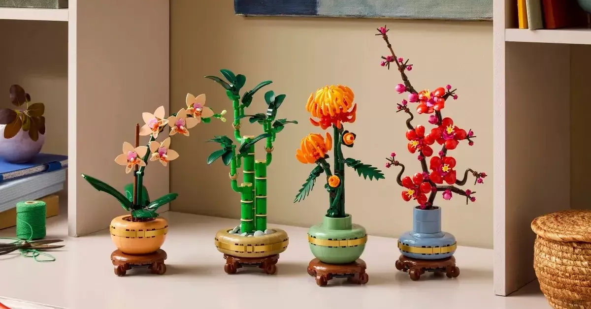 Completed LEGO Botanicals Lucky Bamboo building set in a decorative vase.