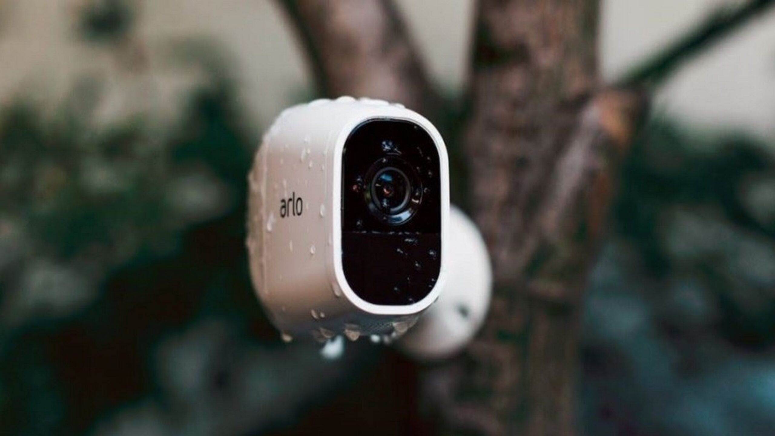 A person holding a modern wireless security camera next to a smartphone.