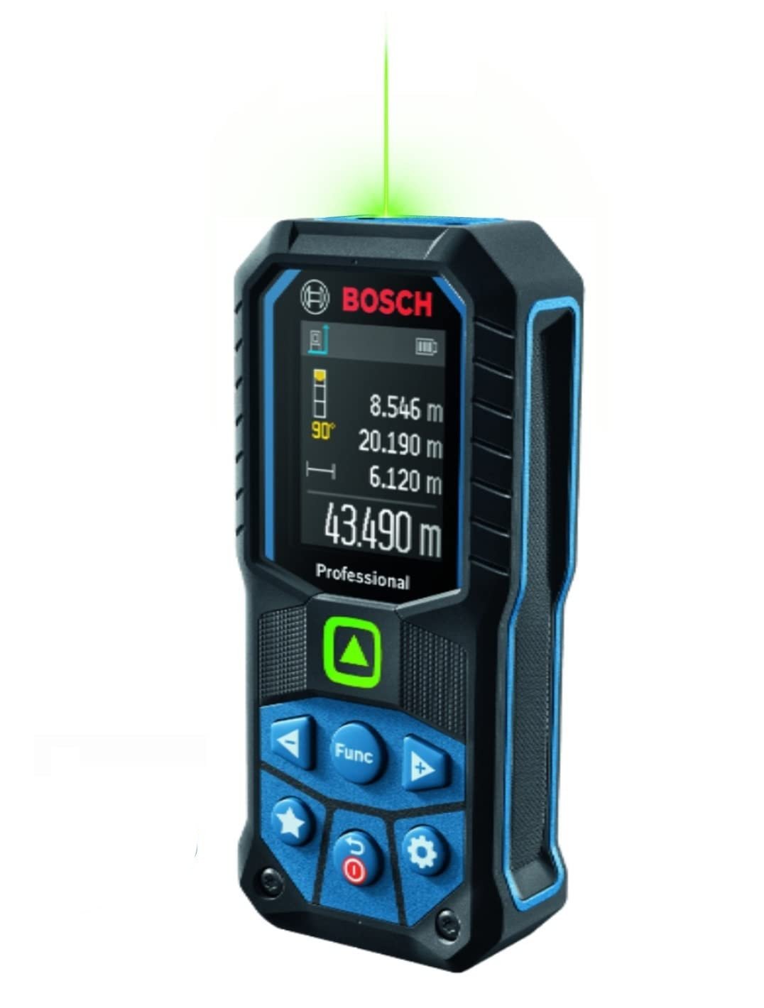 Bosch GLM100-23 100 Ft Blaze Laser Distance Measure in use, projecting a laser dot on a wall.