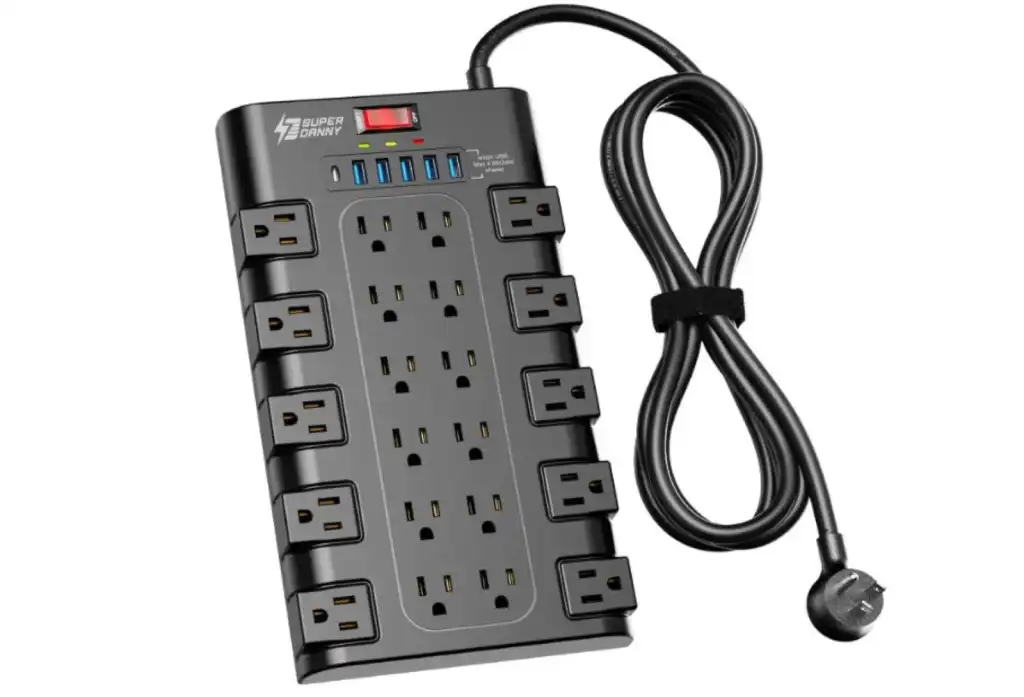 SUPERDANNY Surge Protector with 22 AC outlets and 6 USB ports powering multiple devices.