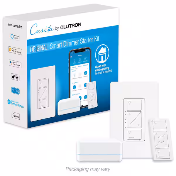 : Lutron Caseta Smart Dimmer installed in a modern home with Pico remote.